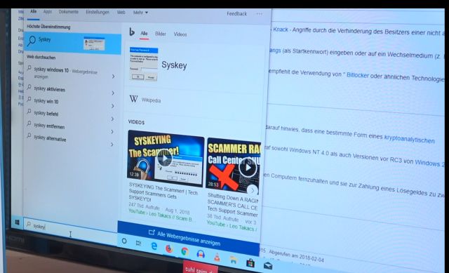 Windows 10 plötzlich mit Kennwort beim Start - Syskey in Windows suchen