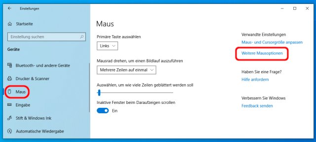 Windows 10 Mauszeiger Geschwindigkeit ändern - Weitere Mausoptionen