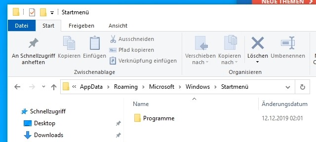 Windows 10 Startmenü Links hinzufügen - Ordner Appdata