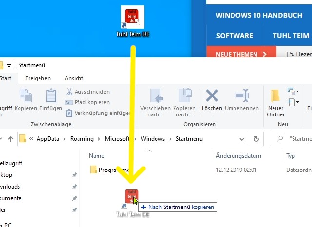 Windows 10 Startmenü Links hinzufügen - Symbol in Startmenü ziehen