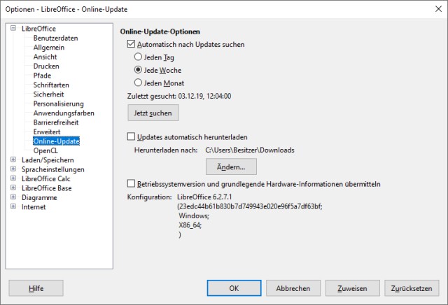 LibreOffice Updates ausschalten - Online Update Optionen