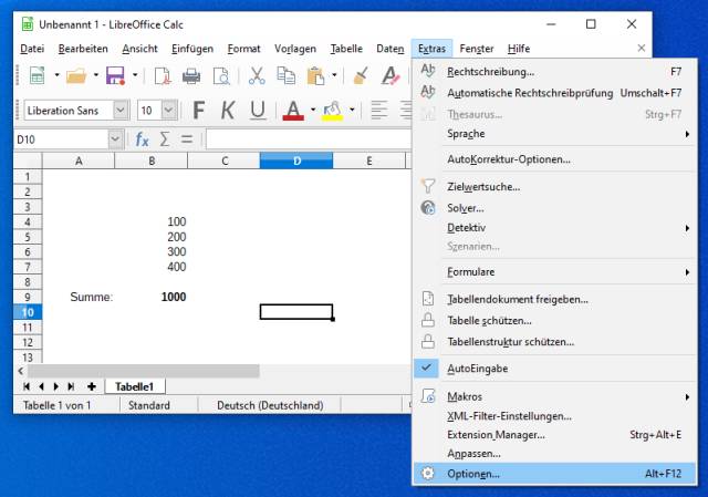 LibreOffice Gitternetzlinien einblenden und ausblenden - Extras - Optionen