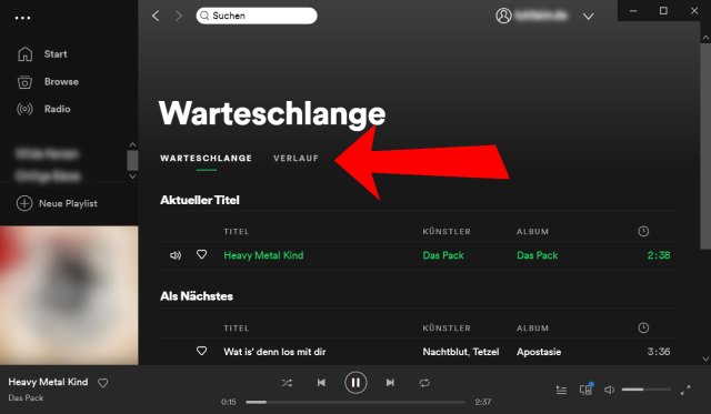 Spotify Verlauf anzeigen - Verlauf aller gespielten Titel - Warteschlange