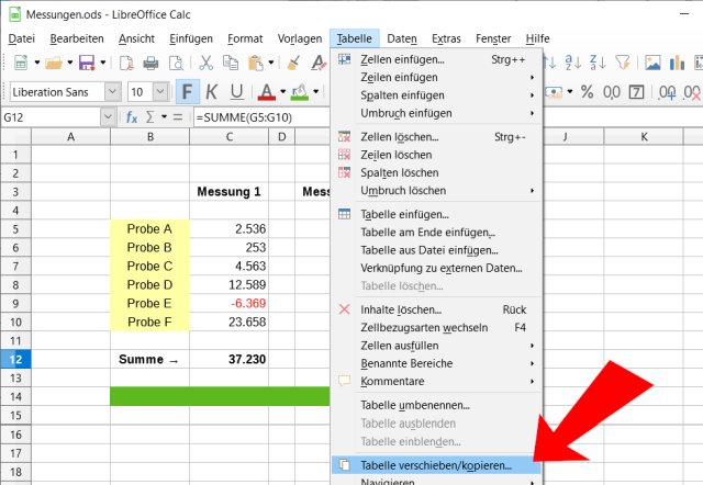 LibreOffice Tabelle kopieren und verschieben