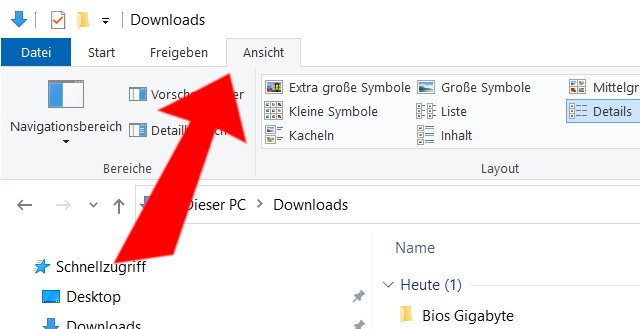 Windows 10 Datei Explorer Gruppierung aufheben - Ansicht anklicken