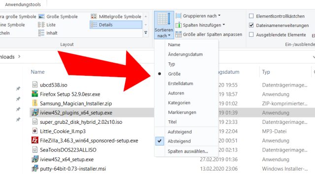 Windows 10 Datei Explorer Gruppierung aufheben - Sortieren nach Größe