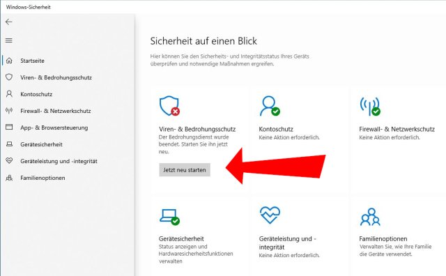 Windows 10 Virenschutz und Bedrohungsdienst wurde beendet - Jetzt neu starten