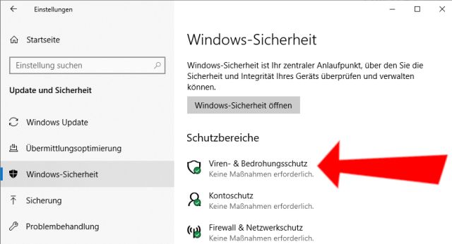 Windows 10 Sicherheit öffnen - Viren- und Bedrohungsschutz