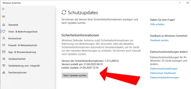 Windows 10 Schutzupdates und Sicherheitsinformationen updaten