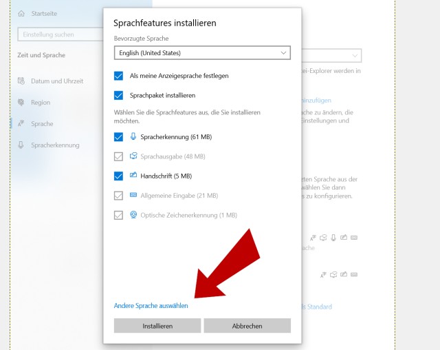 Windows 10 Sprache hinzufügen und ändern - Sprachfeature installieren - Sprachpaket