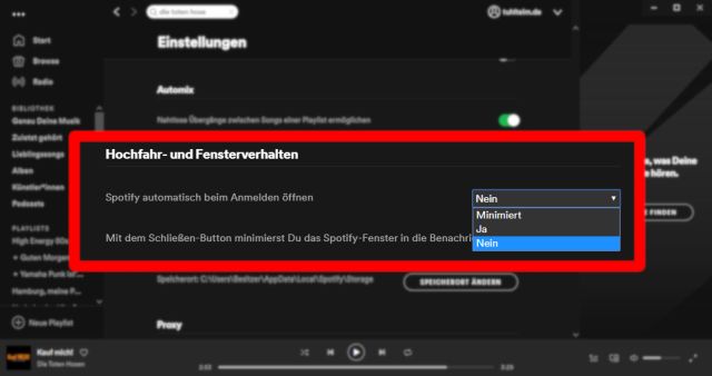 Spotify Autostart deaktivieren in Windows 10 - Hochfahr- und Fensterverhalten