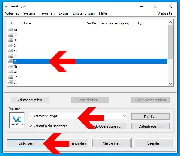 Veracrypt Volume einbinden / mounten als Laufwerk M für Windows 10