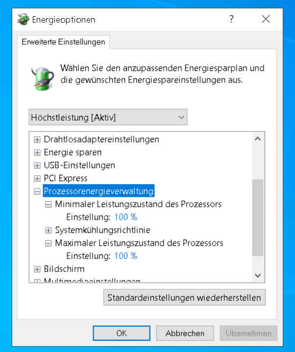 Windows 10 schneller machen - Prozessor hochtakten - Höchstleistung