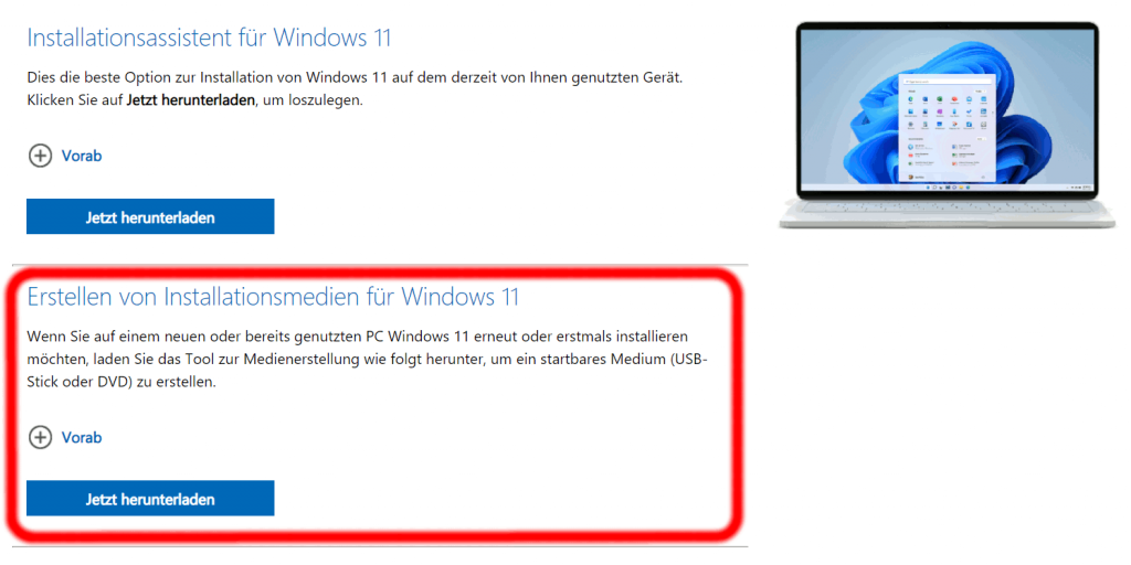 Windows 11 installieren - Prozessor wird nicht unterstützt - Erstellen von Installationsmedien für Windows 11