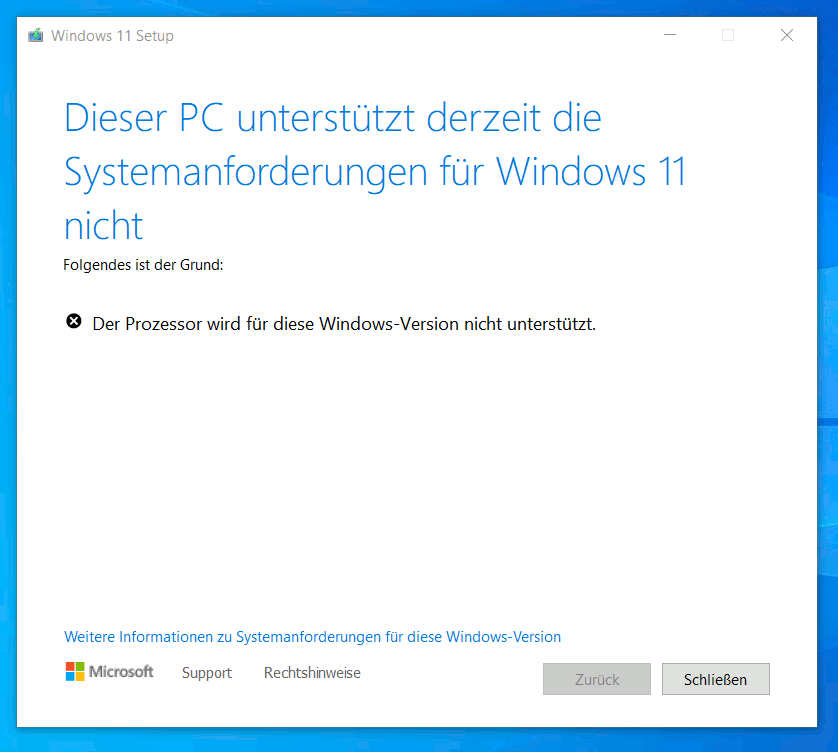 Windows 11 installieren - Prozessor wird nicht unterstützt - Update funktioniert nicht
