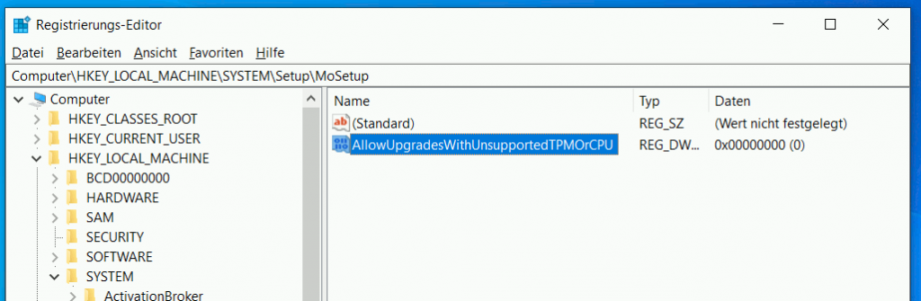 Windows 11 installieren - Prozessor wird nicht unterstützt - Registrierung - AllowUpgradesWithUnsupportedTPMOrCPU anlegen