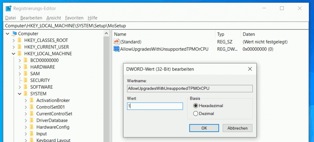 Windows 11 installieren - Prozessor wird nicht unterstützt - Registrierung - AllowUpgradesWithUnsupportedTPMOrCPU - DWORD Wert setzen