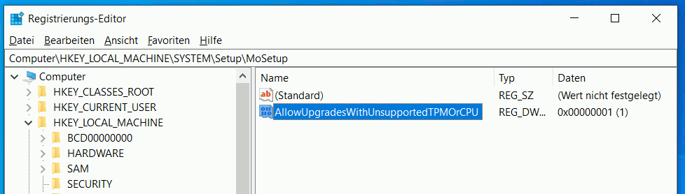 Windows 11 installieren - Prozessor wird nicht unterstützt - Registrierung - AllowUpgradesWithUnsupportedTPMOrCPU gleich 1
