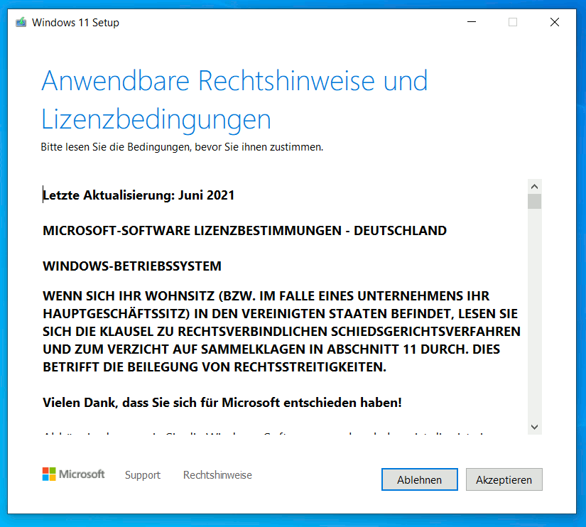 Windows 11 installieren - Prozessor wird nicht unterstützt - Lizenzbedingungen akzeptieren