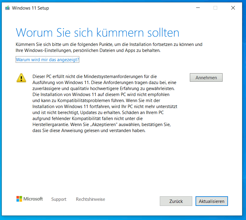 Windows 11 installieren - Prozessor wird nicht unterstützt - PC erfüllt nicht die Mindestanforderungen