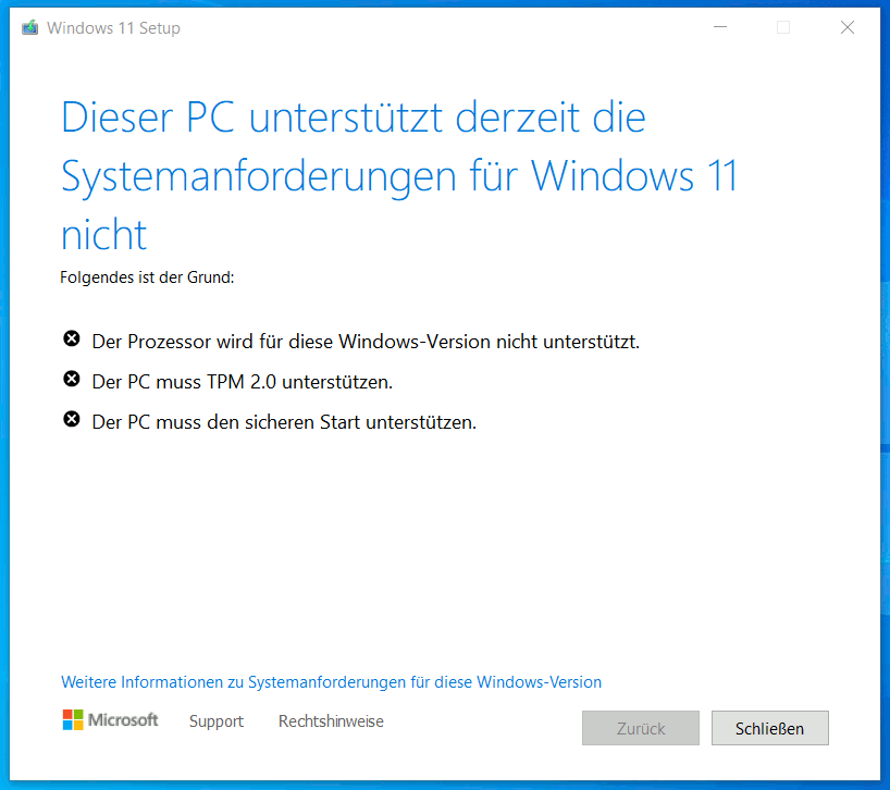Windows 11 installieren - Dieser PC unterstützt derzeit die Systemanforderungen für Windows 11 nicht