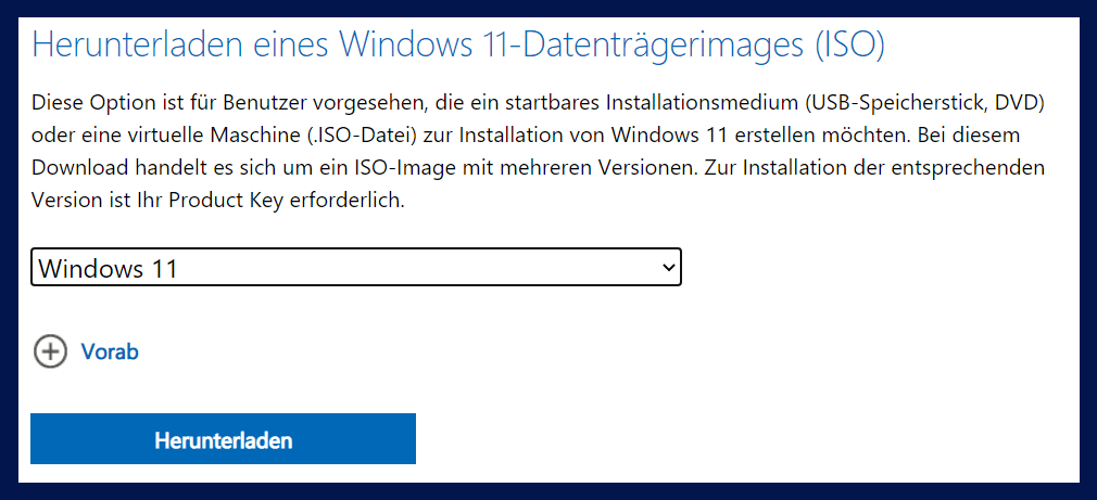 Windows 11 installieren - Herunterladen des Datenträgerimages