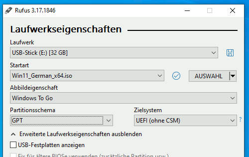 Windows 11 auf USB-Stick installieren - To Go erstellen - Rufus Partitionsschema