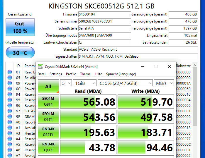 NVMe M.2 SATA SSD Test und Vergleich - Kingston SATA SSD