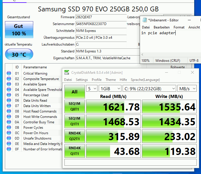 NVMe M.2 SATA SSD Test und Vergleich - Samsung 970 Evo M2 NVMe SSD in PCI-Express Adapter