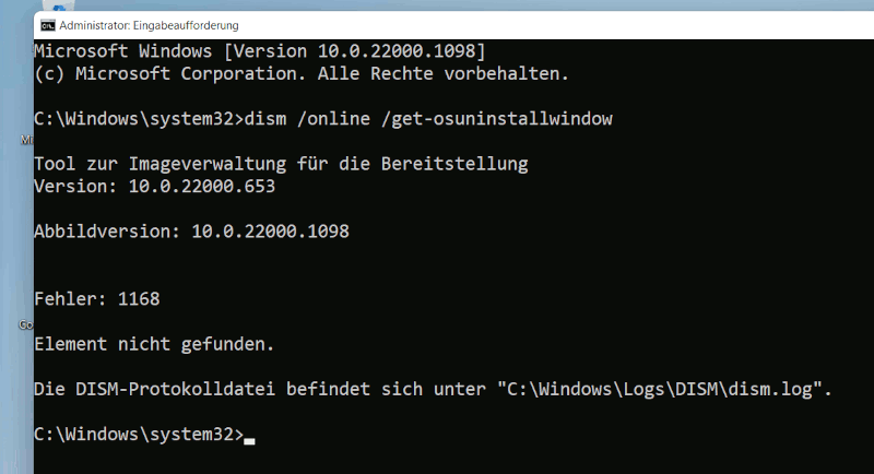 Windows 10 und 11 - Update rückgängig machen - DISM Fehler 1168 - Element nicht gefunden