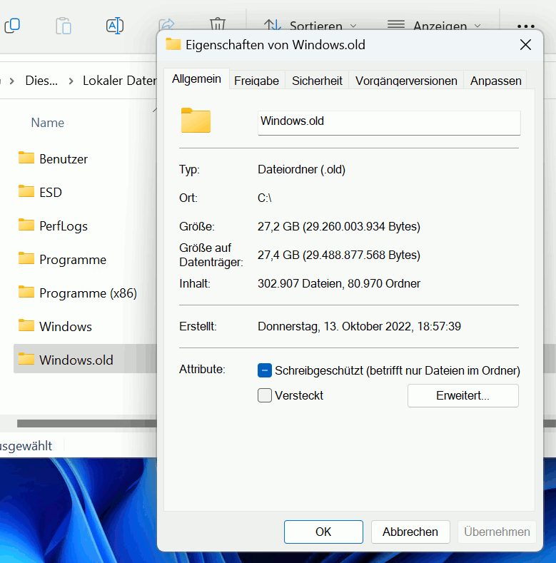 Windows 10 und 11 - Update rückgängig machen - windows.old