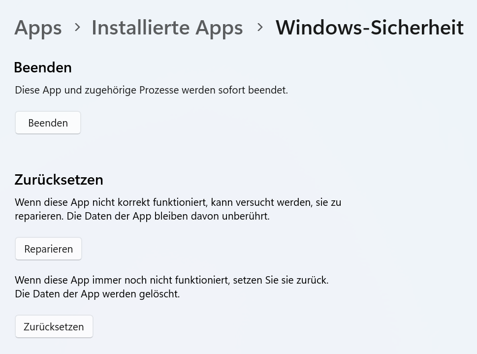 Windows Sicherheit lässt sich nicht öffnen - App zurücksetzen und reparieren