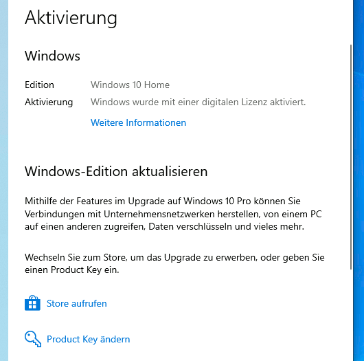 Update von Windows 10 Home auf Pro - Aktivierung
