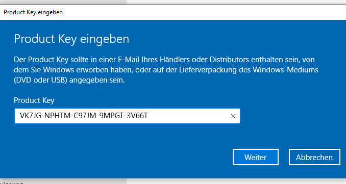 Update von Windows 10 Home auf Pro - Product Key VK7JG-NPHTM