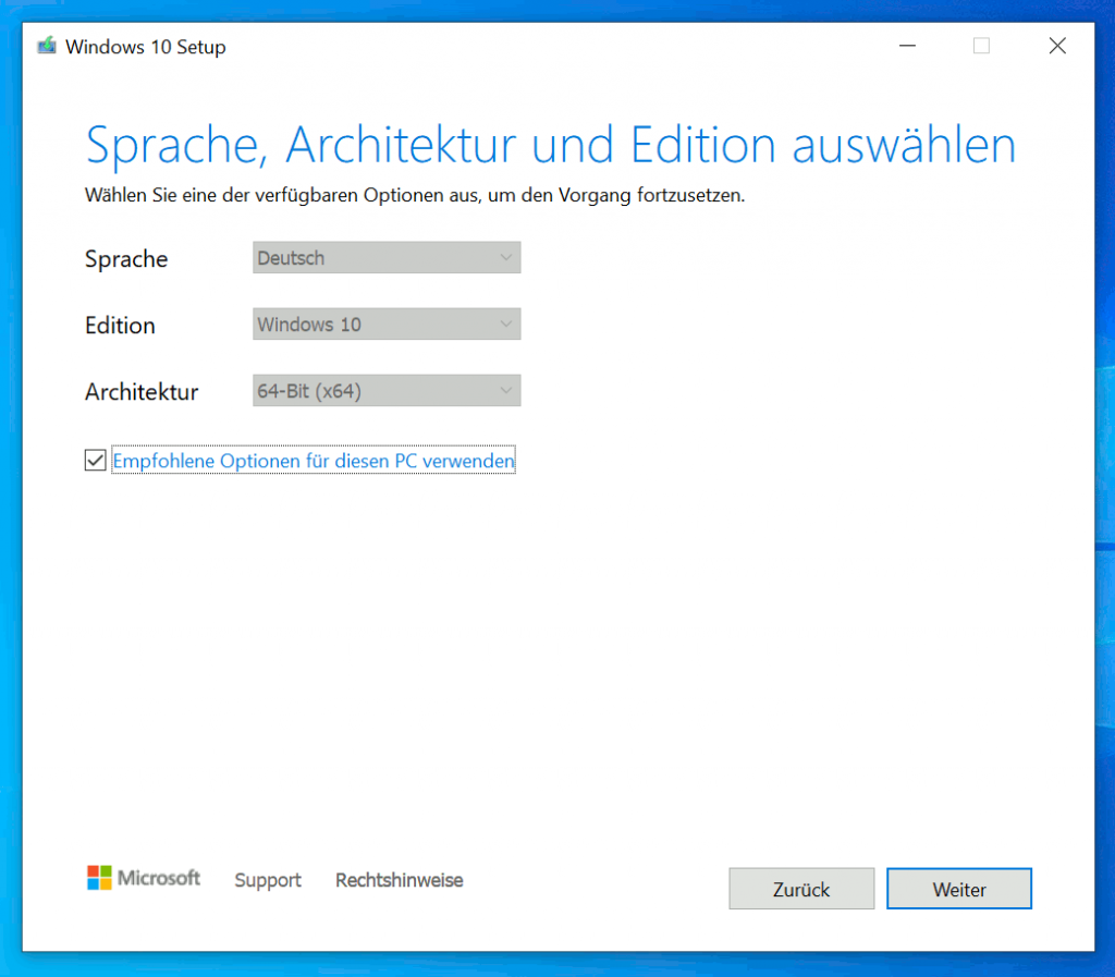 Windows Media Creation Tool - Windows 10 USB-Stick erstellen - Sprache und Architektur