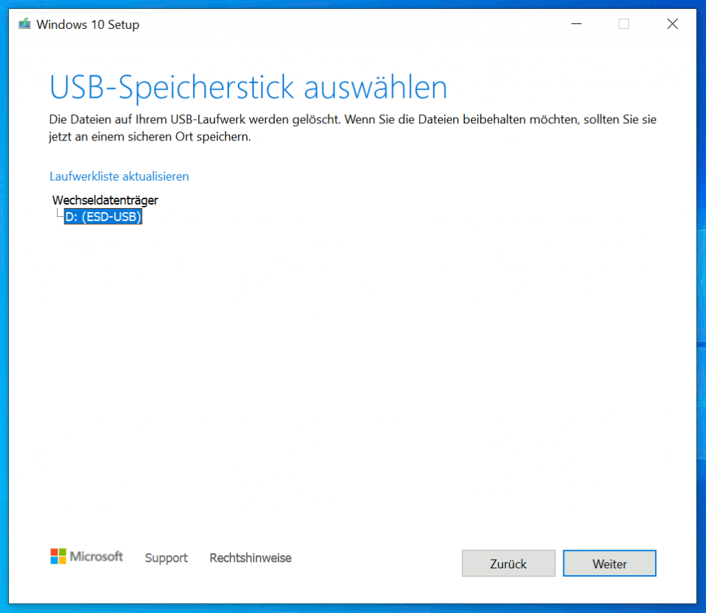 Windows Media Creation Tool - Windows 10 USB-Stick erstellen - USB-Stick auswählen