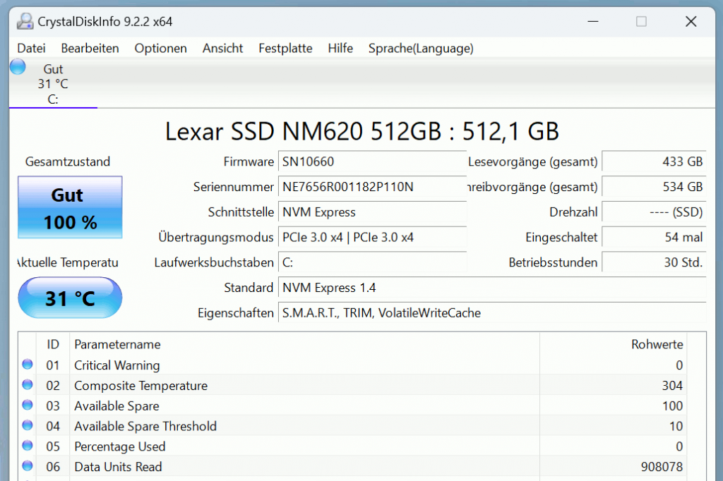 CrystalDiskInfo - SSD M.2 und Festplatte prüfen und SMART-Werte auslesen