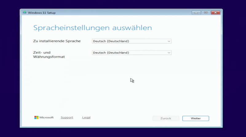 Windows 11 auf altem PC installieren - Spracheinstellungen auswählen