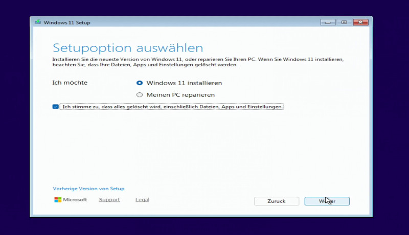 Windows 11 auf altem PC installieren - Setupoptionen auswählen