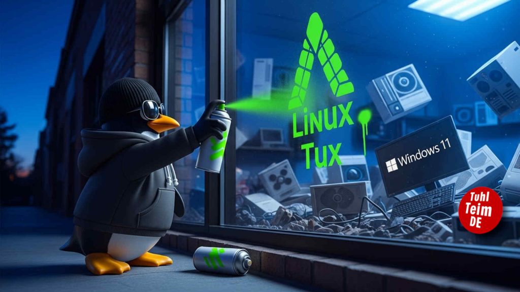 Tuhl Teim DE - Pinguin Linux Tux Schaufenster