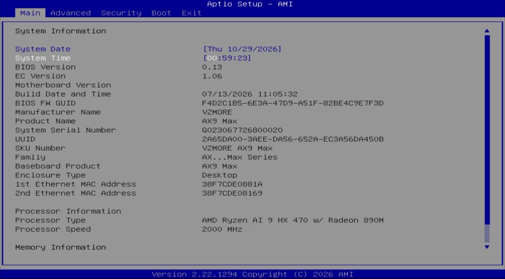 VZMORE AX9 Max Mini-PC - AMD Ryzen AI 9 HX 470 mit Vapor Chamber - BIOS UEFI