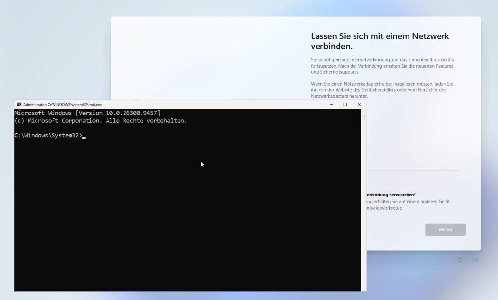 Windows 11 installieren ohne Microsoft Konto - Eingabeaufforderung CMD öffnen mit Shift+F10