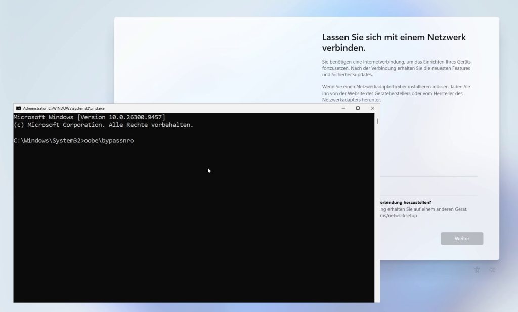 Windows 11 installieren ohne Microsoft Konto - Eingabeaufforderung mit bypassnro